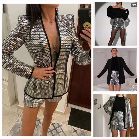 RARE ZARA TRINNY SILVER TRIANGLE METALLIC EFFECT SEQUIN SPARKLY SHORTS  Size XS - Picture 2 of 12